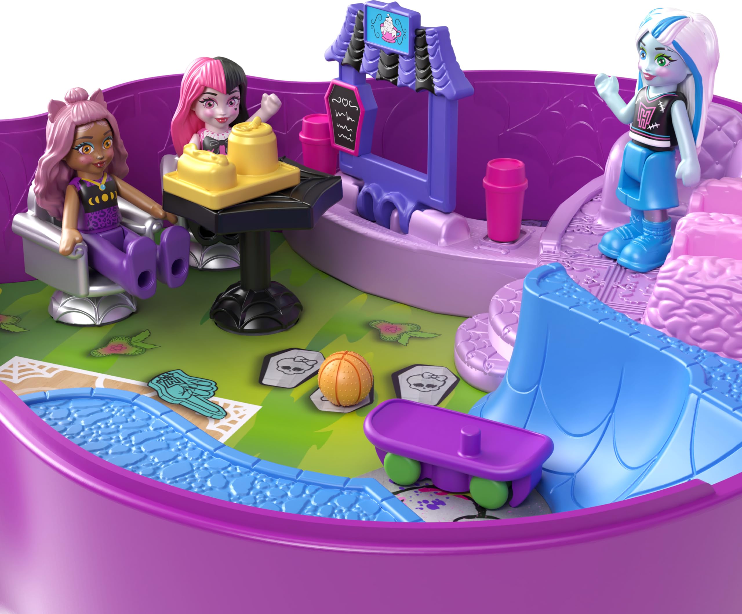 Polly Pocket Monster High playset bookcase surprise reveals hidden features during play.