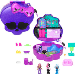 Polly Pocket Monster High playset with glitter bow highlights portable storage and flair.