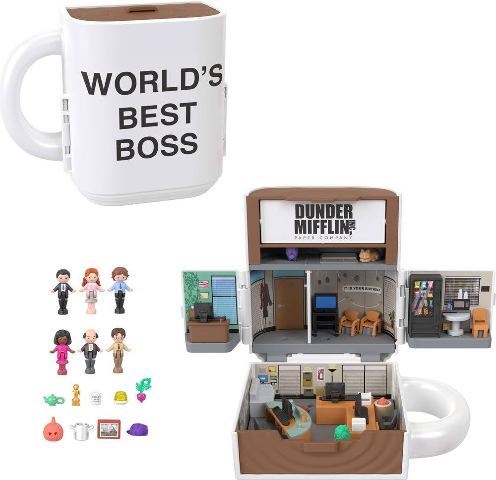 Polly Pocket Office mug exterior with six micro-dolls for display and imaginative replays.