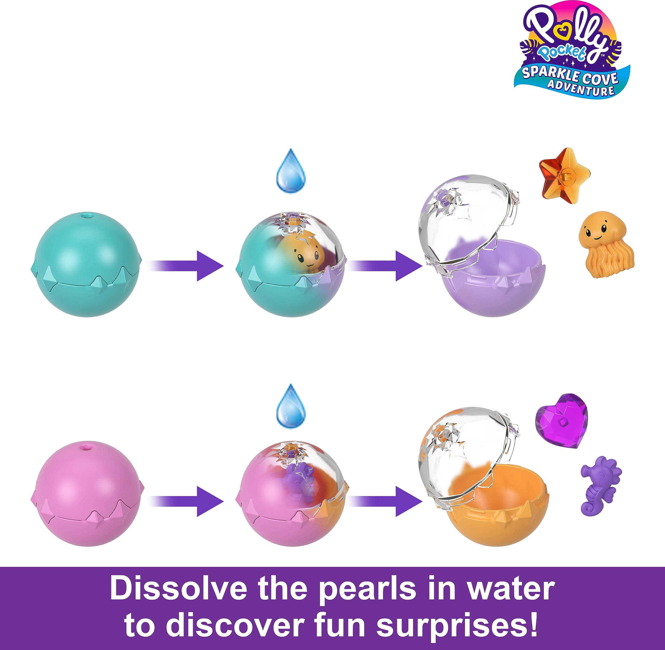 Polly Pocket Sparkle Cove dissolvable pearls reveal surprises when dissolved in water.