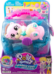 Polly Pocket Sparkle Cove shell swing reveals lighthouse and dolphin ride.
