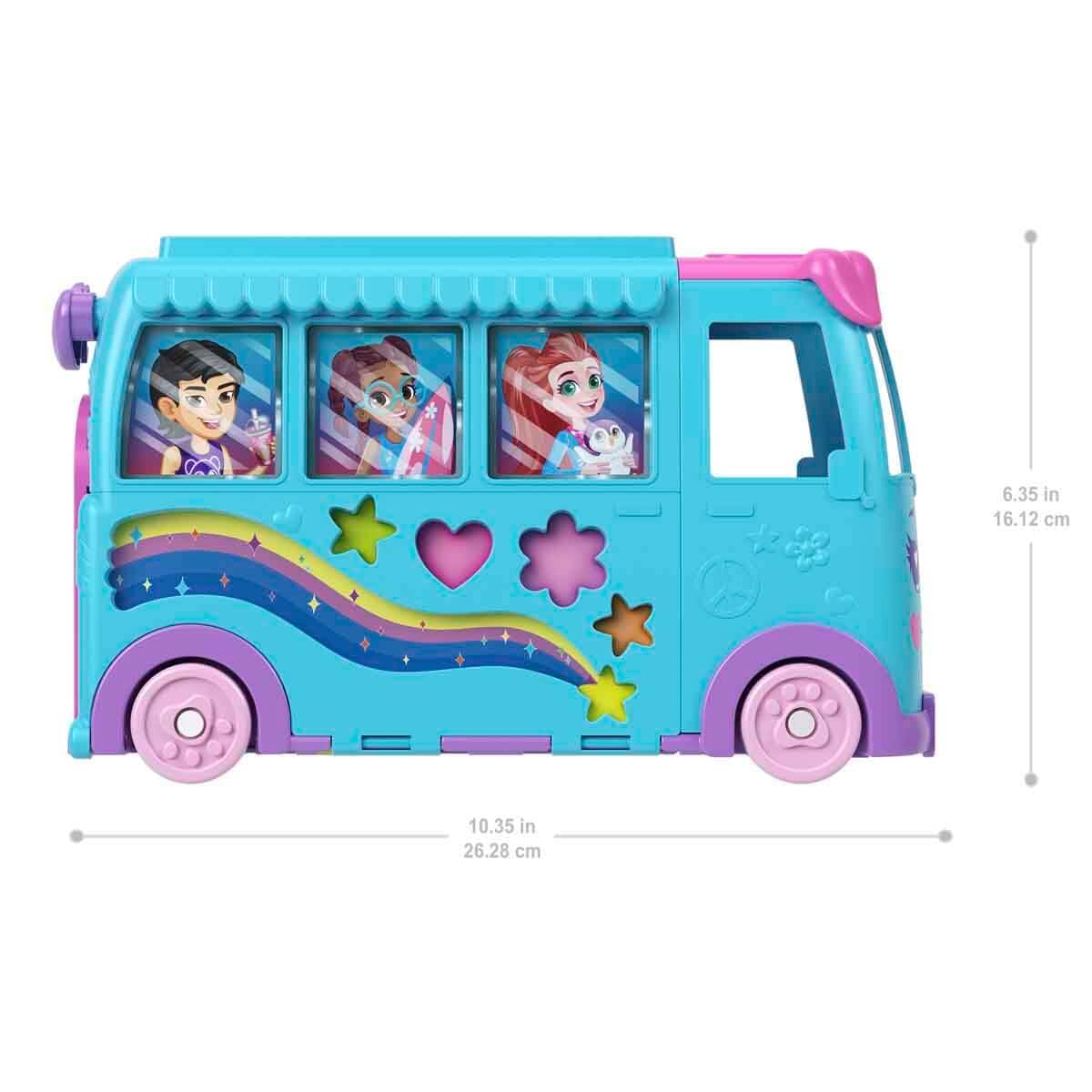 Polly Pocket sticker-decorated van opens to reveal an expanded outdoor play area.