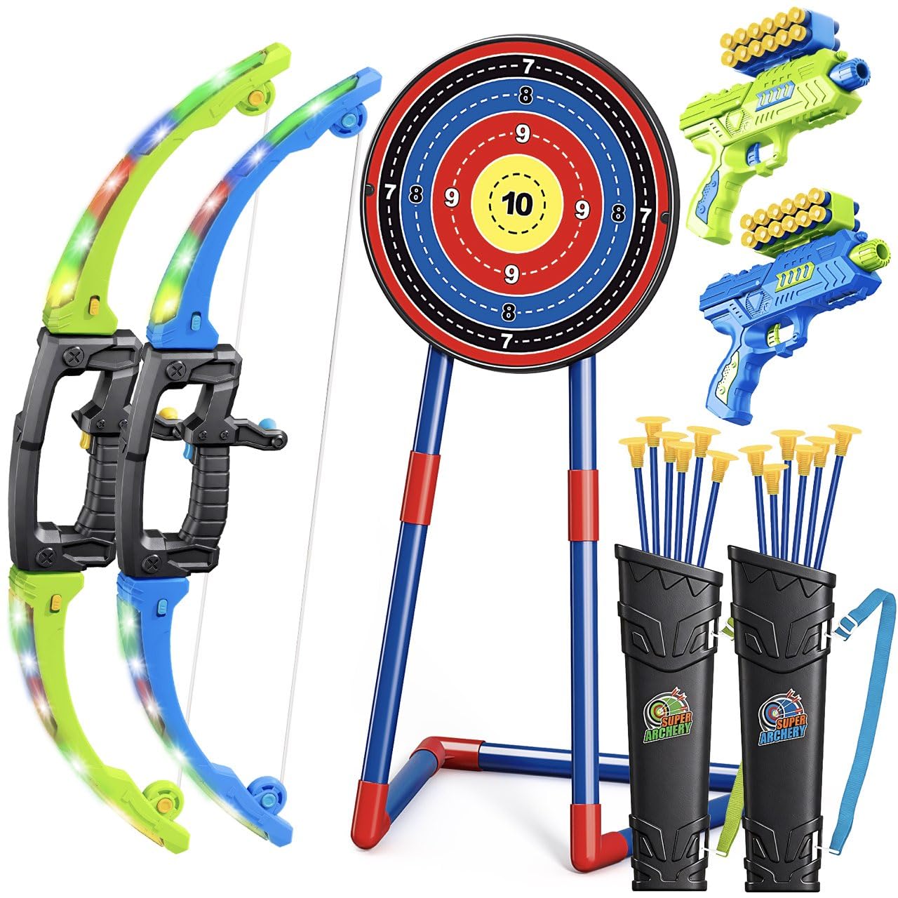 Polokping LED archery bows glow for nighttime target practice.
