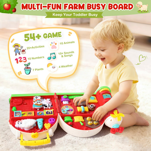 Polokping Montessori Farm Busy Board buttons and levers promote hand strength and coordination.