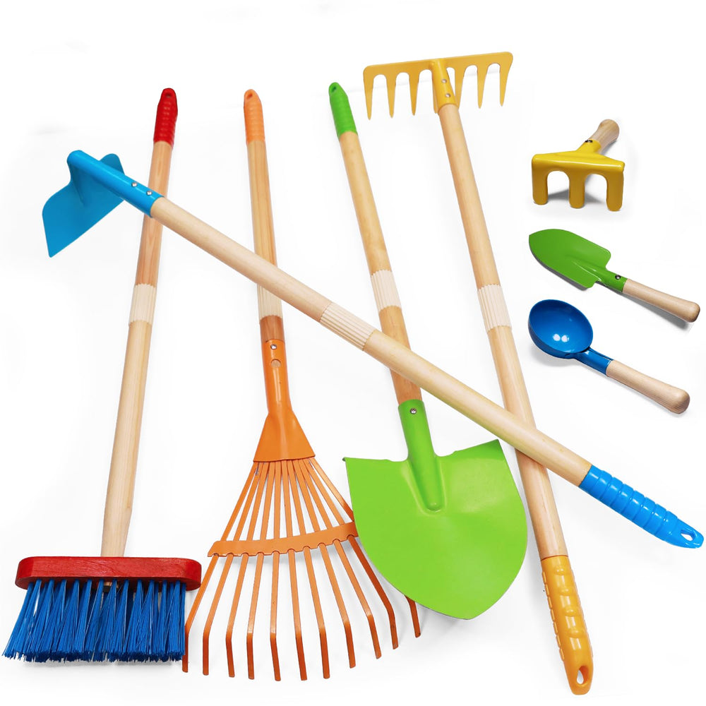 POMIKU 8PCS kids gardening tools full set for imaginative outdoor play.