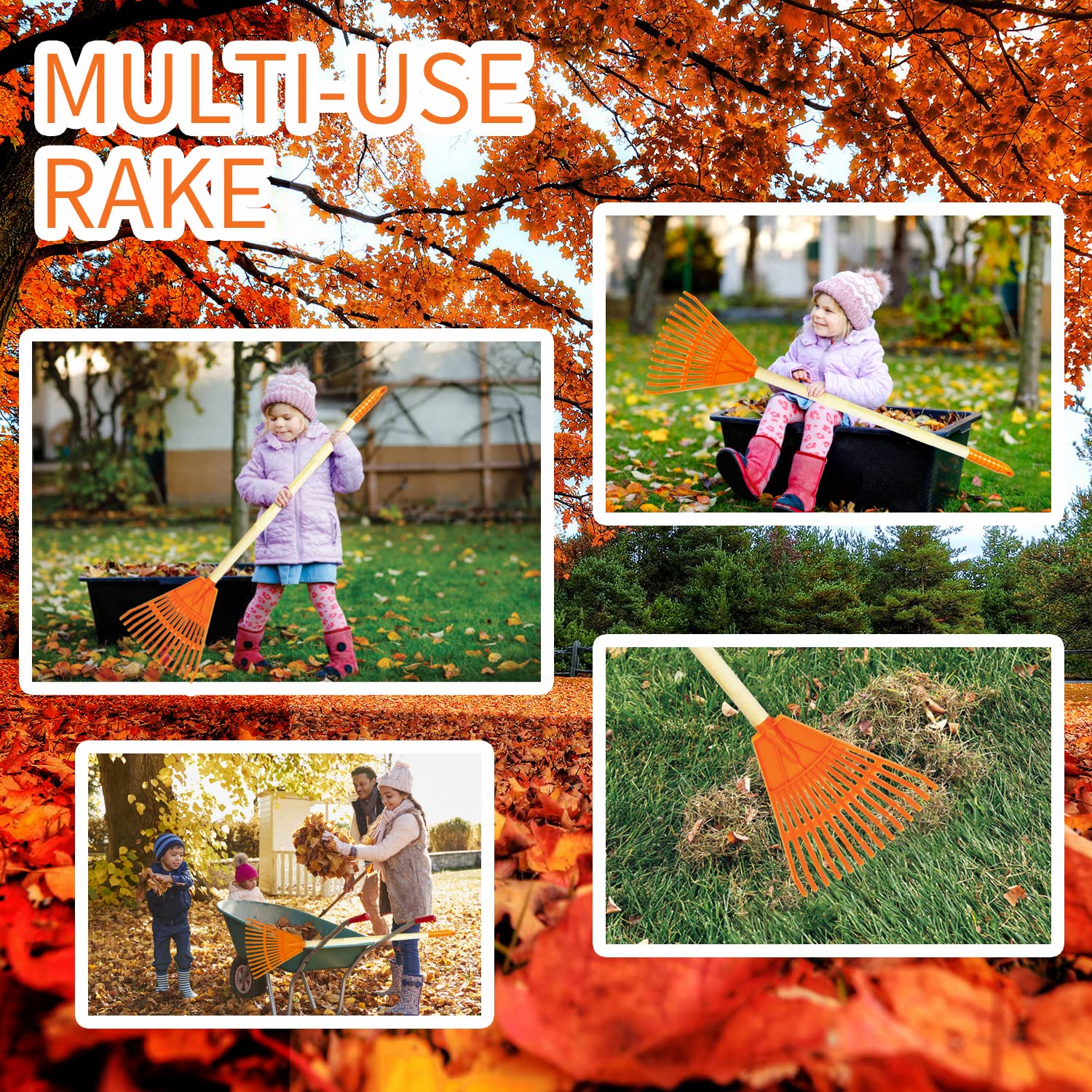 POMIKU toddler rake with smooth wooden grip; comfortable, kid-friendly gardening.