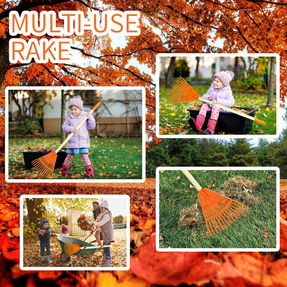 POMIKU toddler rake with smooth wooden grip; comfortable, kid-friendly gardening.