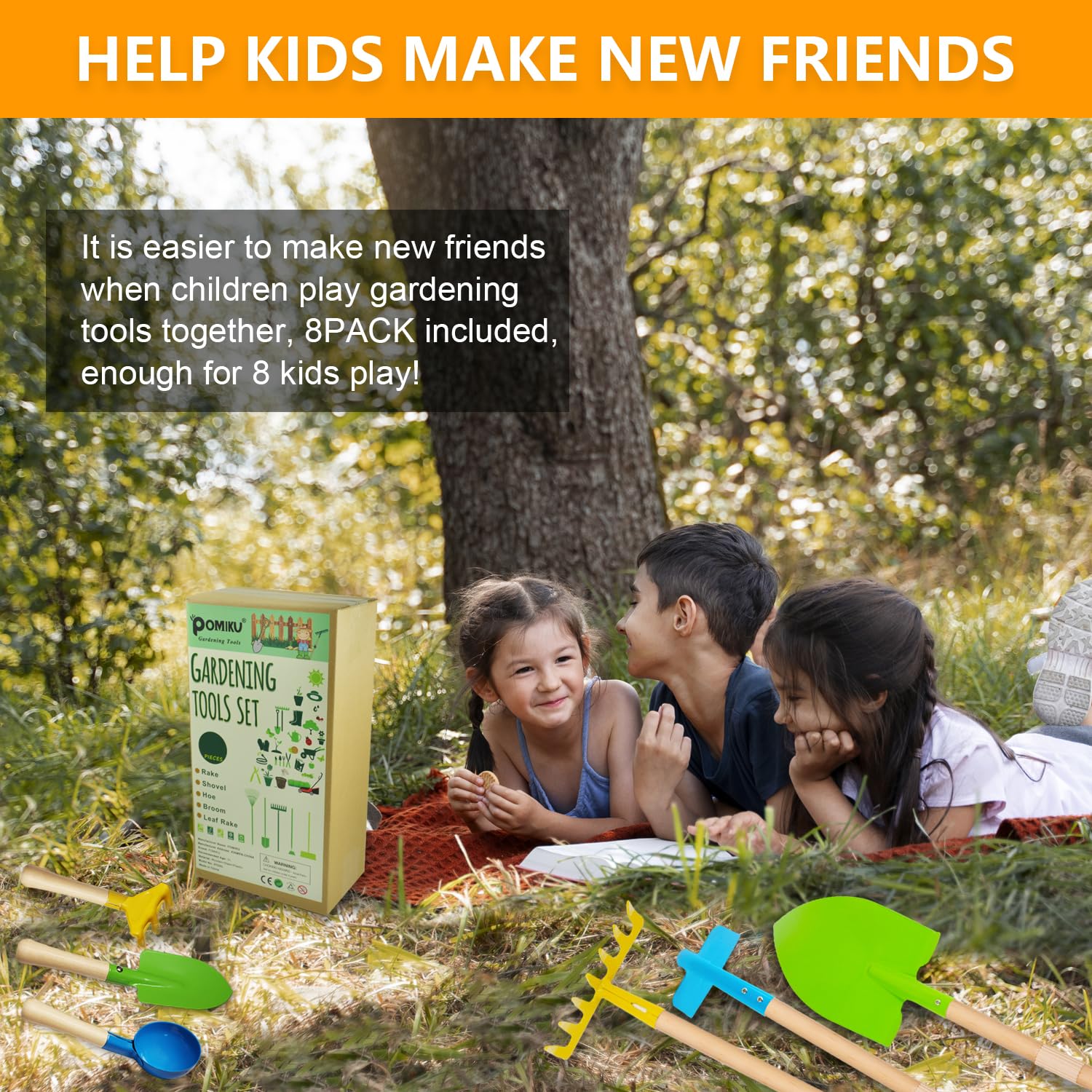 POMIKU kid-sized tools for cooperative garden activities.