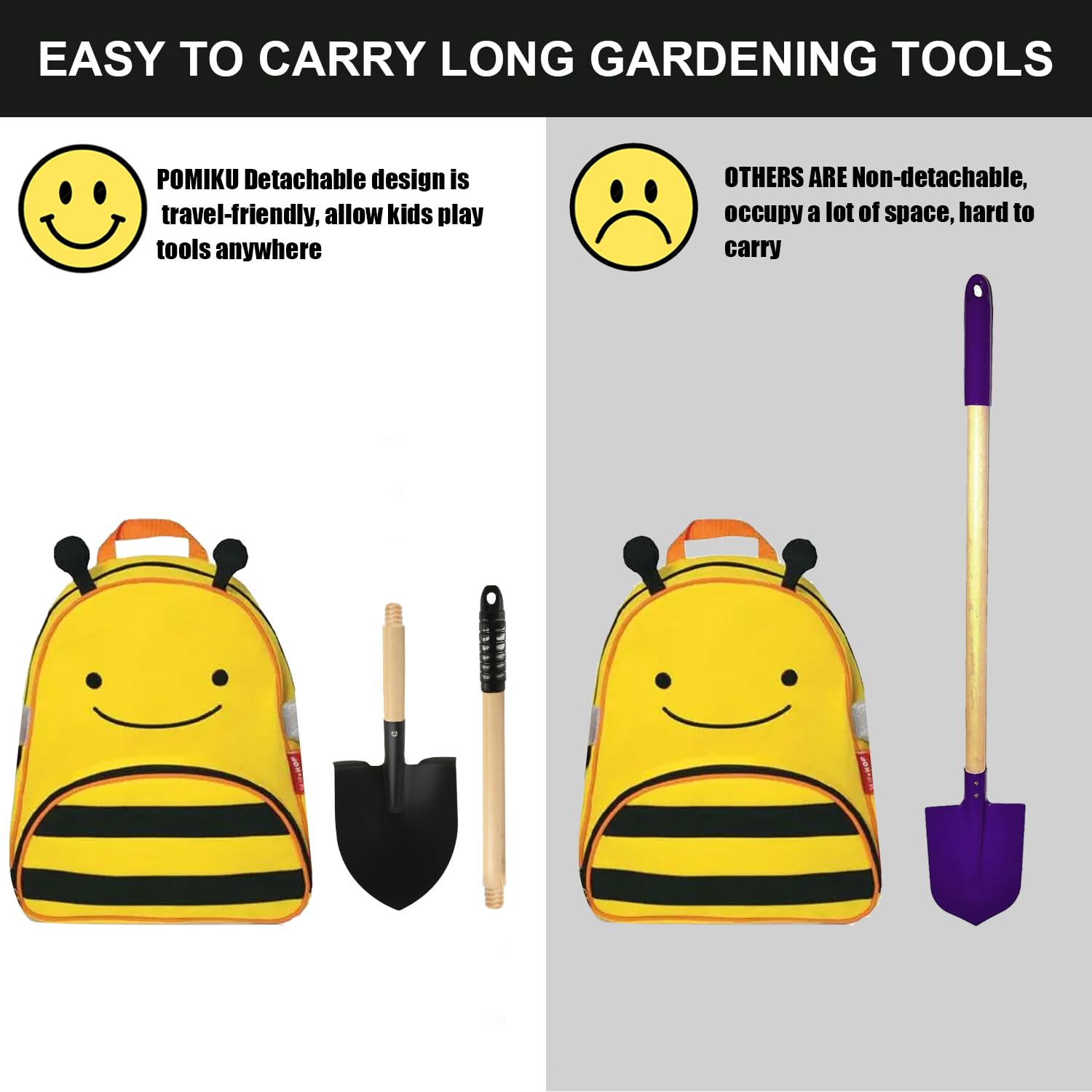 POMIKU shovel for kids with sturdy metal head and smooth wooden handle.
