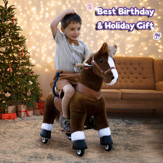 PonyCycle brake-equipped ride-on horse shows secure stopping on slopes.