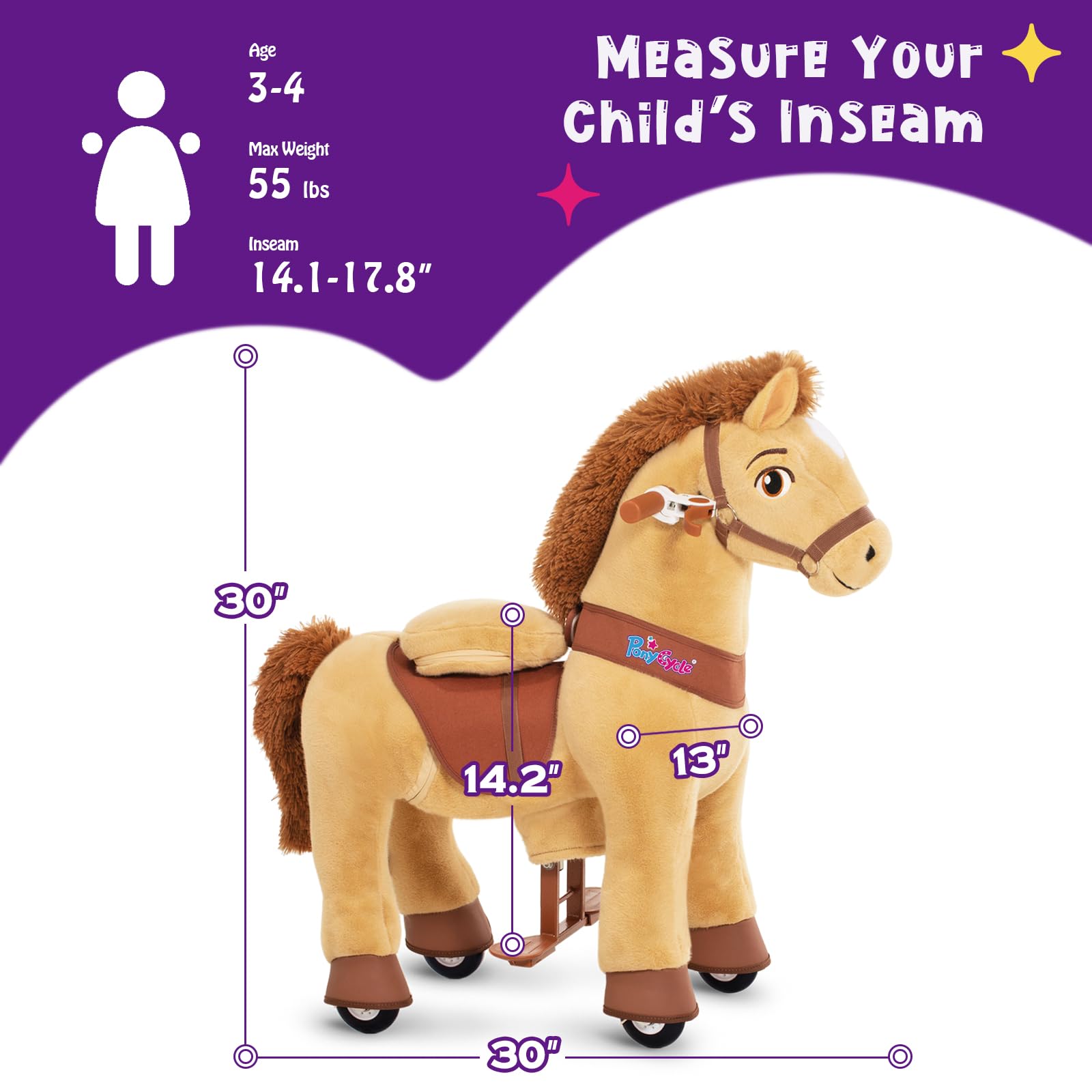 PonyCycle ride-on horse side view; sturdy handles and safe braking in action.