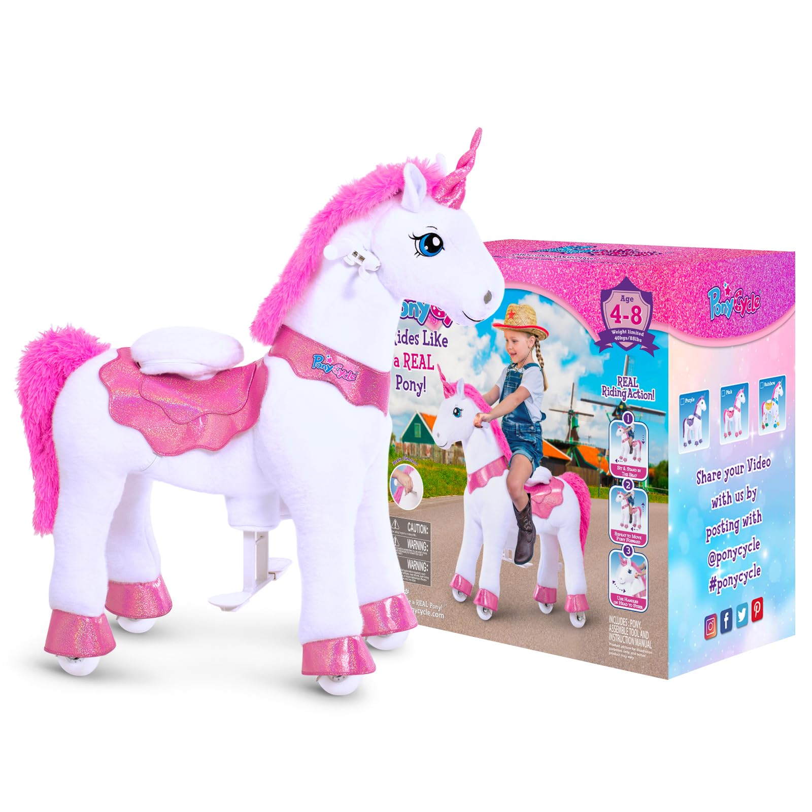 PonyCycle ride-on unicorn pink indoors outdoors versatility supports flexible play.