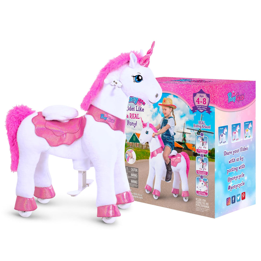 PonyCycle ride-on unicorn pink indoors outdoors versatility supports flexible play.