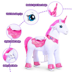 PonyCycle ride-on unicorn pink seat and pedals highlight sturdy handles and safety features.