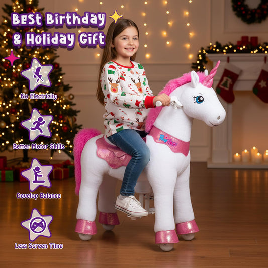 PonyCycle ride-on unicorn pink side action shows bouncing movement for pretend riding.