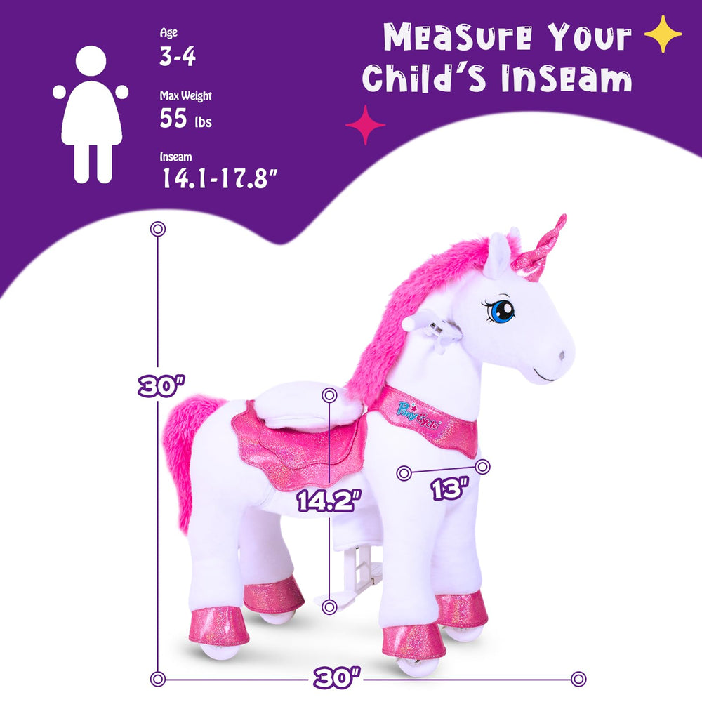 PonyCycle ride-on unicorn pink wheel closeup shows improved contact patch for smoother rides.