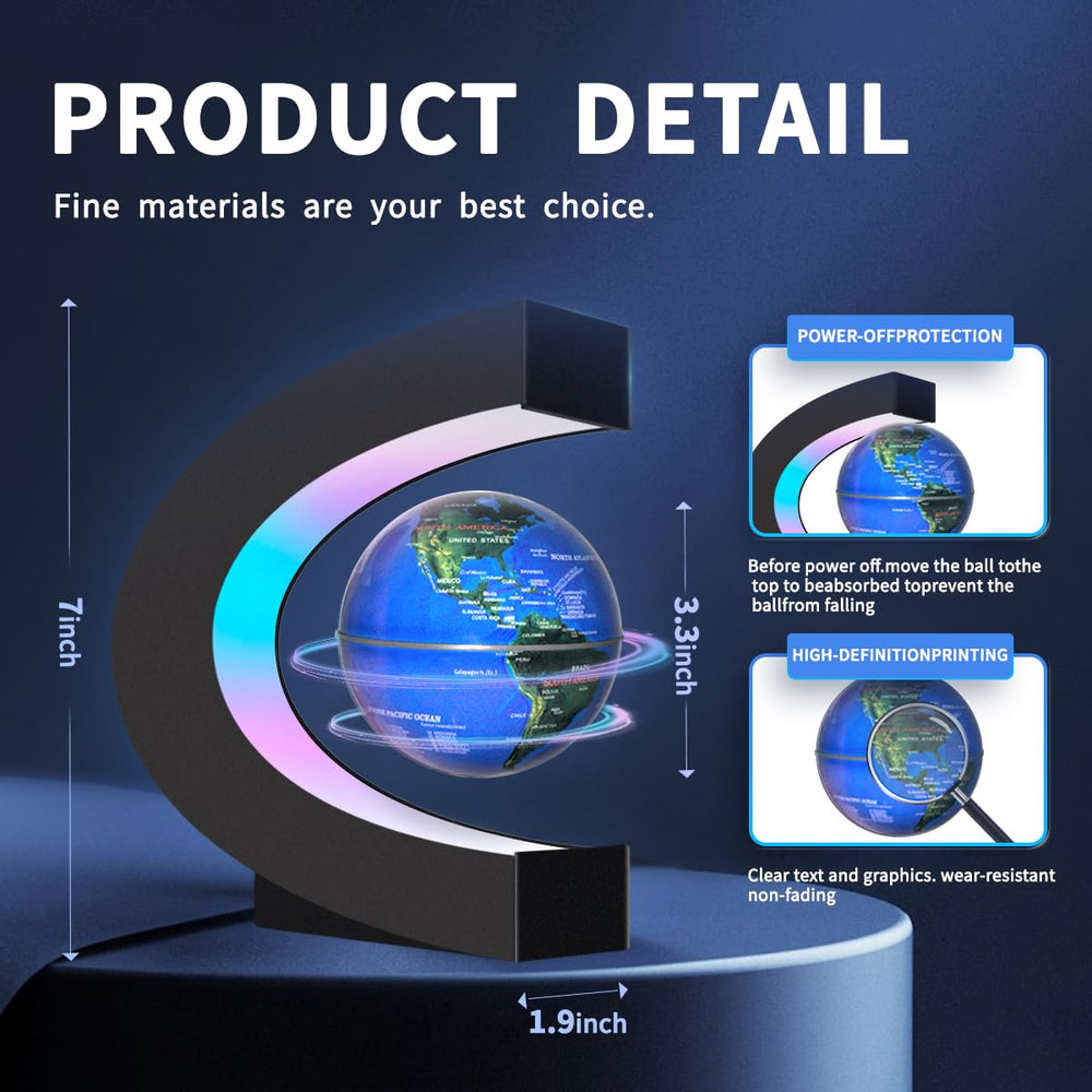 Poojaed floating globe on a sleek desk, a striking tech decor centerpiece.