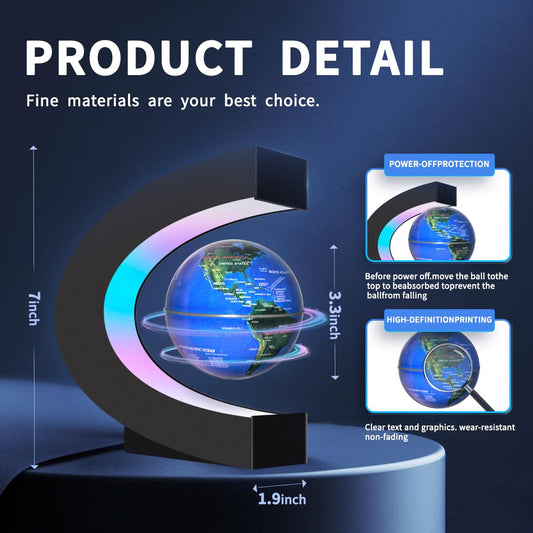 Poojaed floating globe on a sleek desk, a striking tech decor centerpiece.
