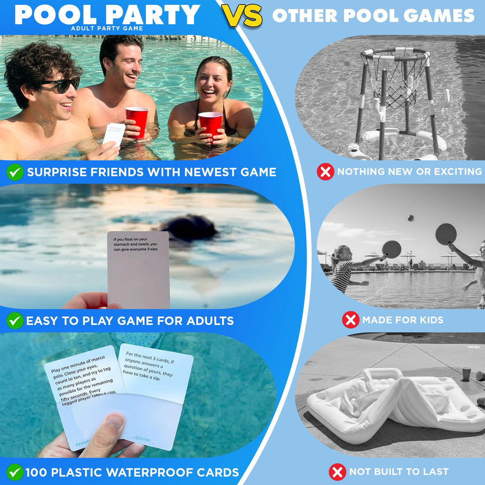 Pool Party 100-card pack shown for quick, rainproof pool games.