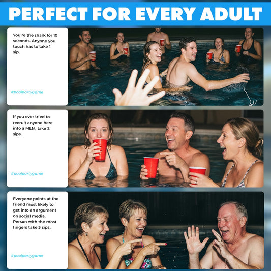 Pool Party card prompt deck close-up highlighting prompts for adults.