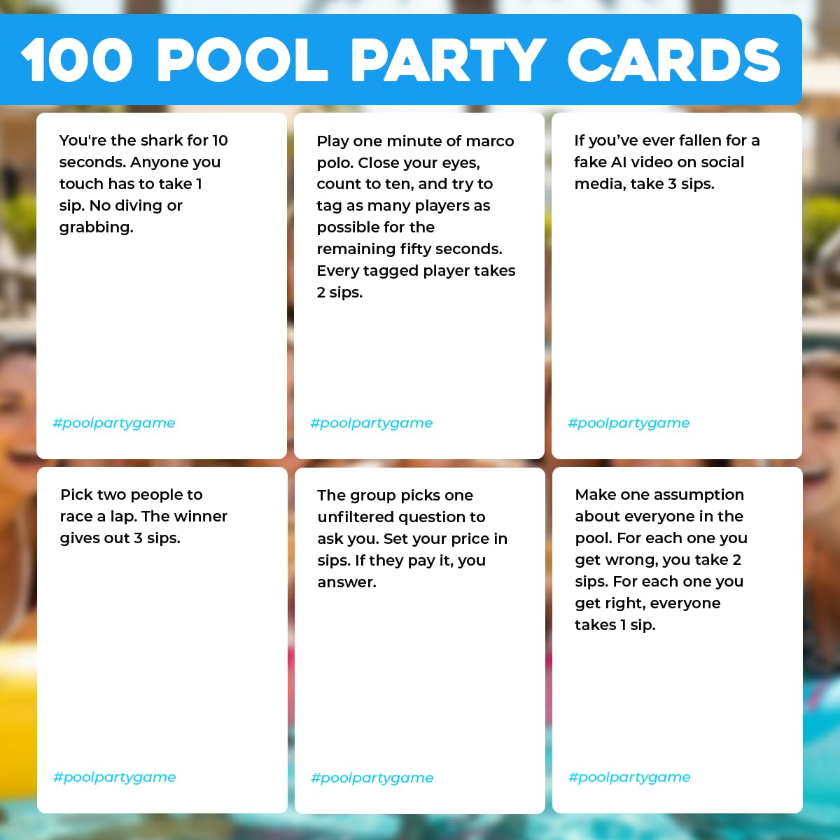 Pool Party players in pool enjoying dares and laughs with the deck.