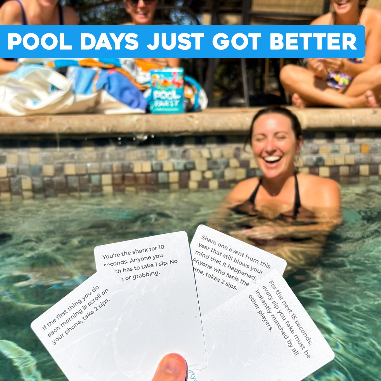 Pool Party waterproof card scene shows durable, pool-friendly gameplay.
