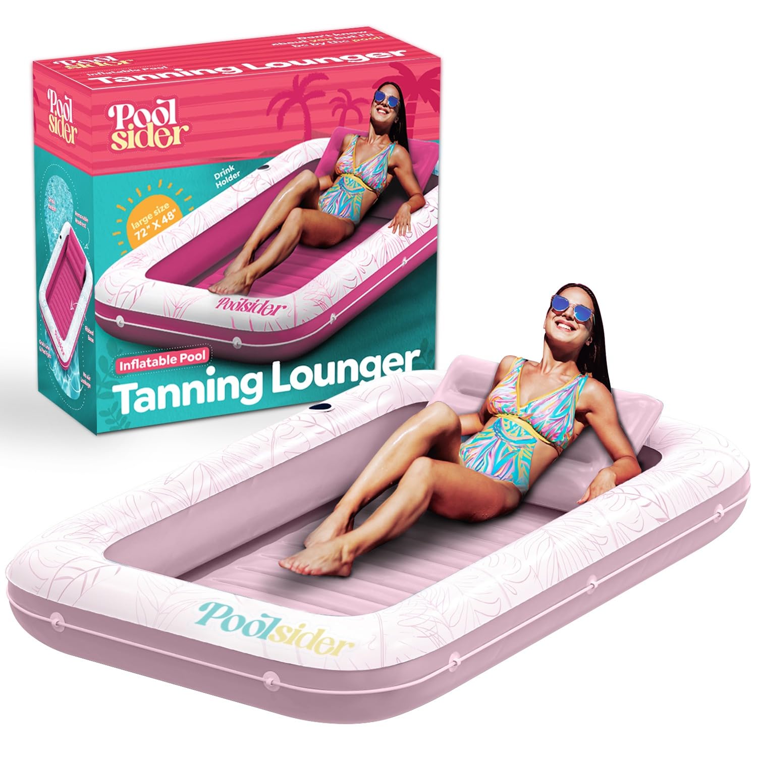 POOLSIDER premium inflatable tanning pool lounger shows a roomy 71x48 inch surface for comfortable sunbathing