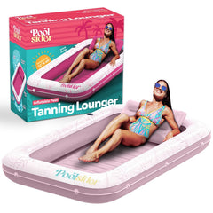 POOLSIDER premium inflatable tanning pool lounger shows a roomy 71x48 inch surface for comfortable sunbathing