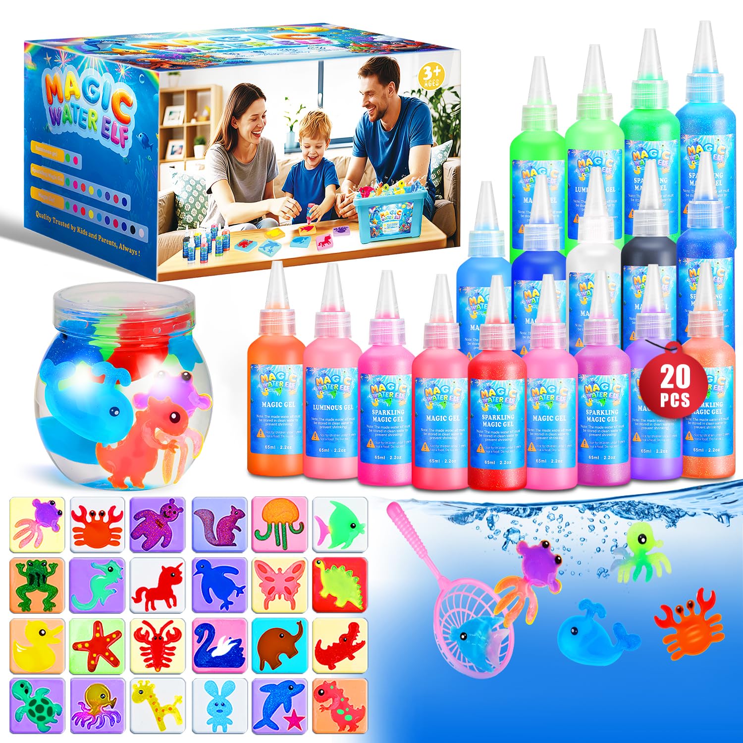 Poonoo magic water elf kit setup showing kids ready to craft aqua pets