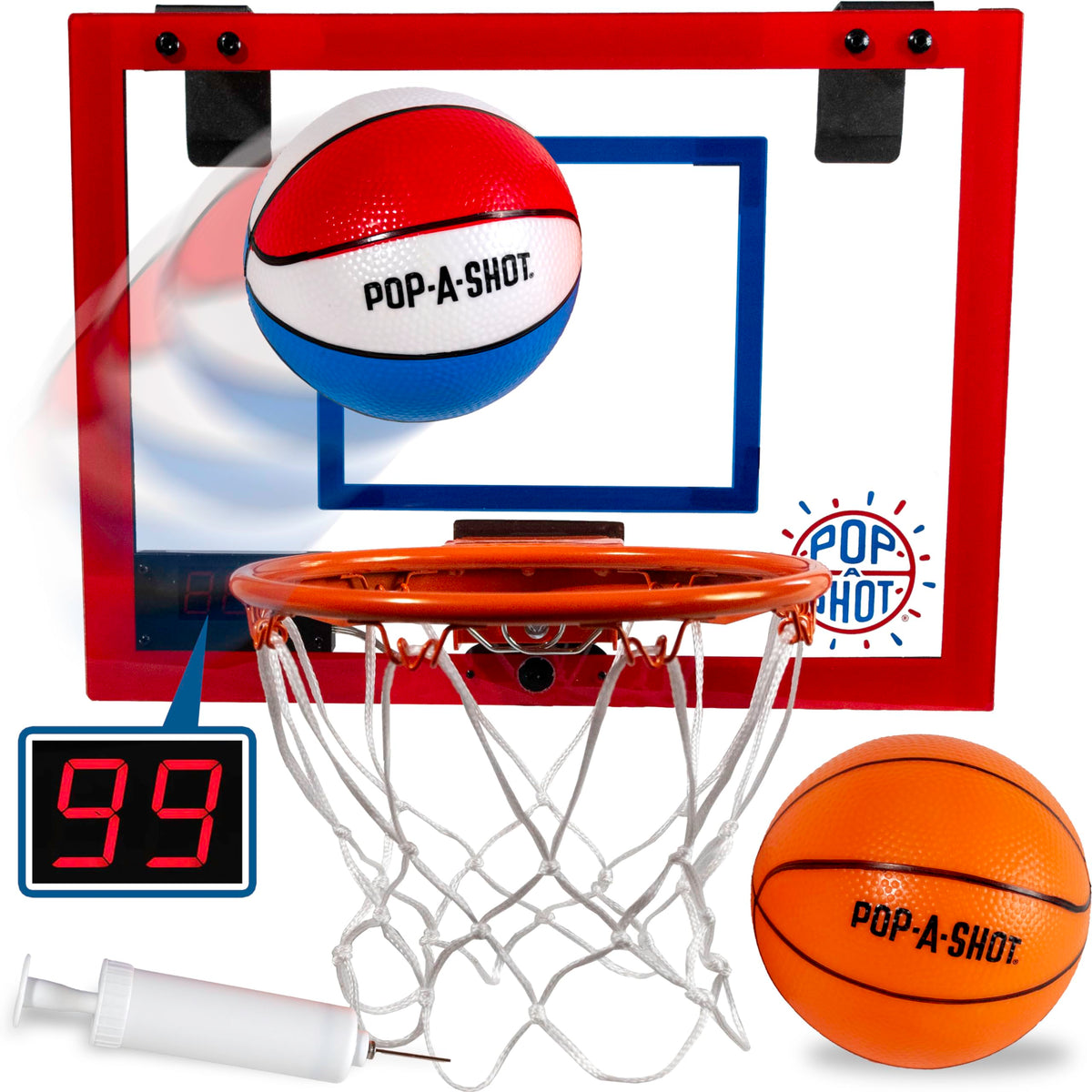 Pop-A-Shot Super Slam over-the-door hoop for quick setup and instant play.