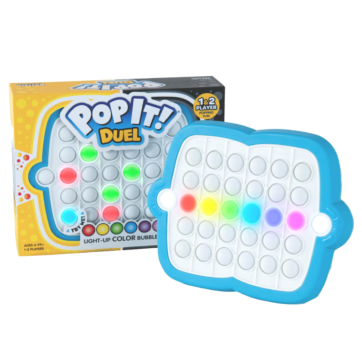 Pop It! Duel front view shows a compact colorful fidget game ready for quick focus and play on the go.