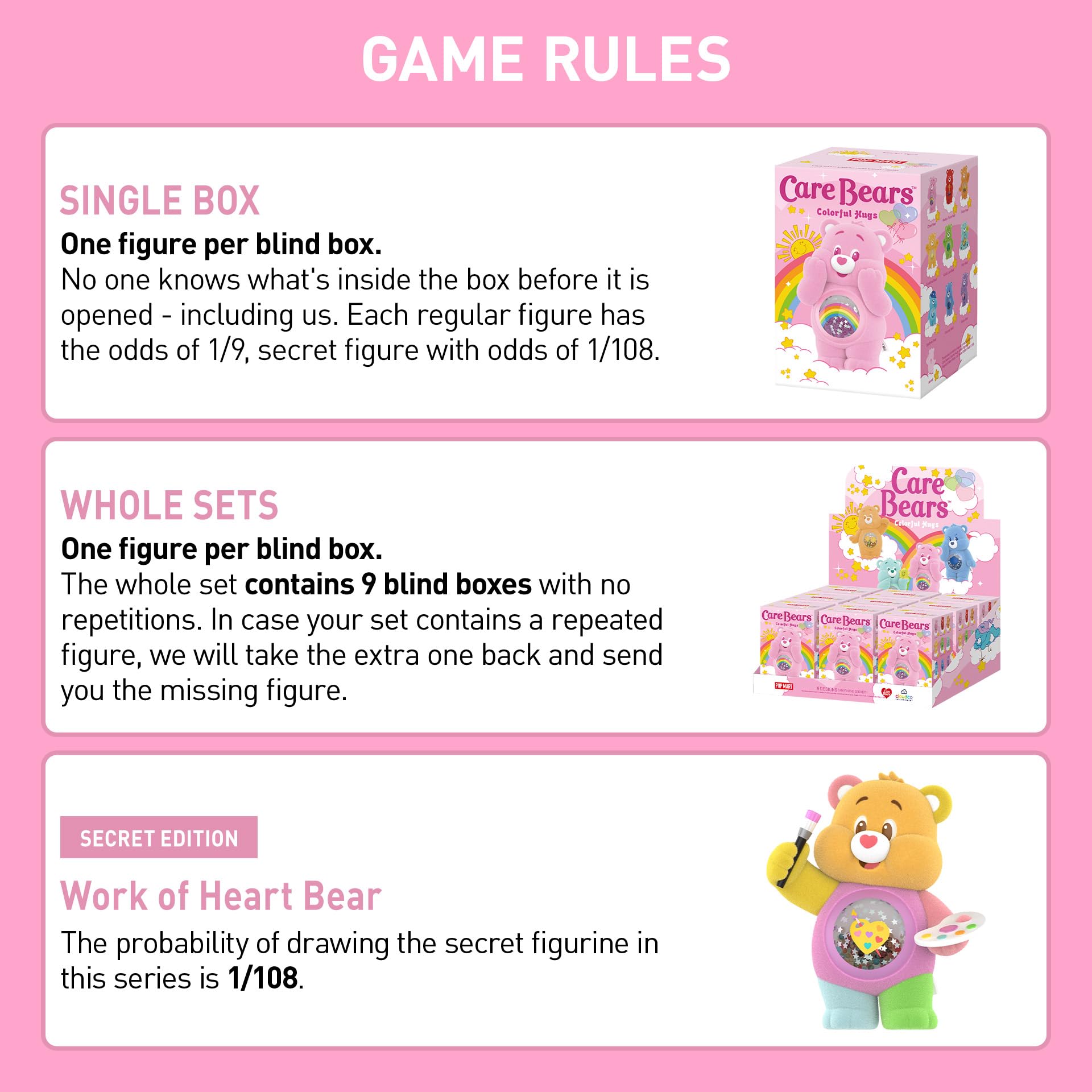 POP MART Care Bears Colorful Hugs series offers random designs to spark surprise.