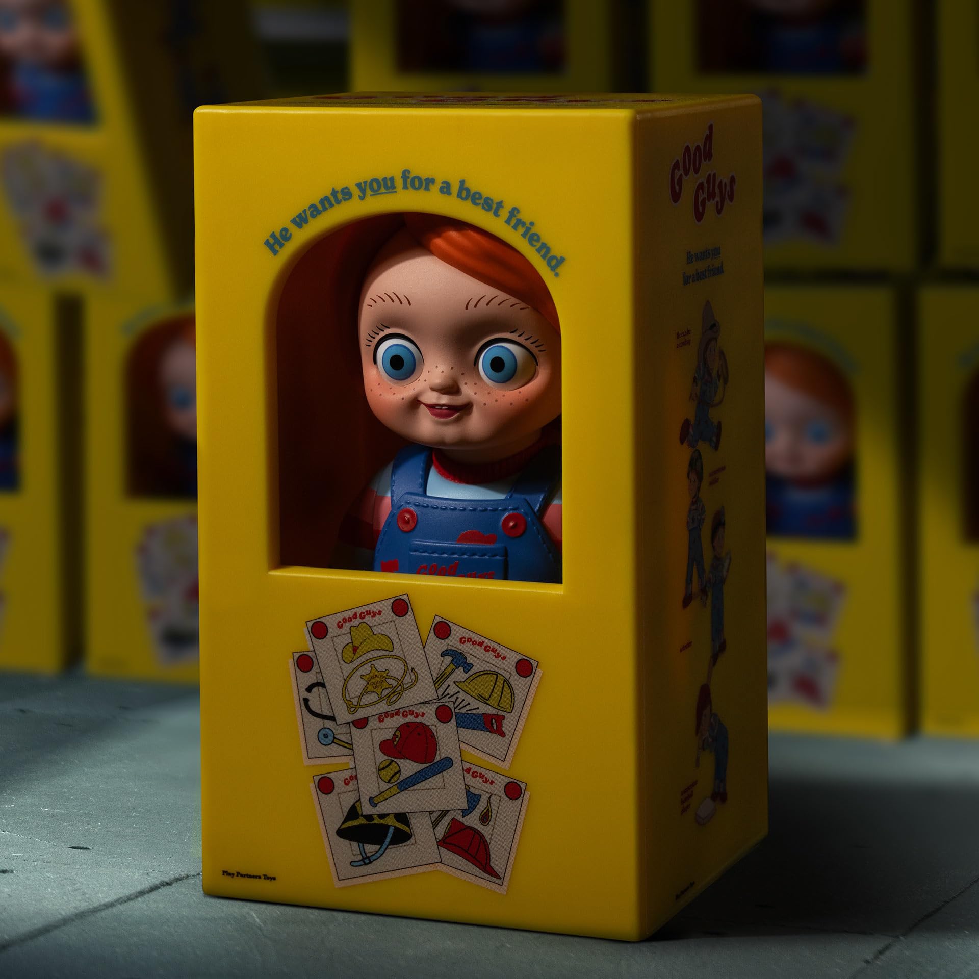 POP MART Chucky collectible figure, vivid colors and fine details.