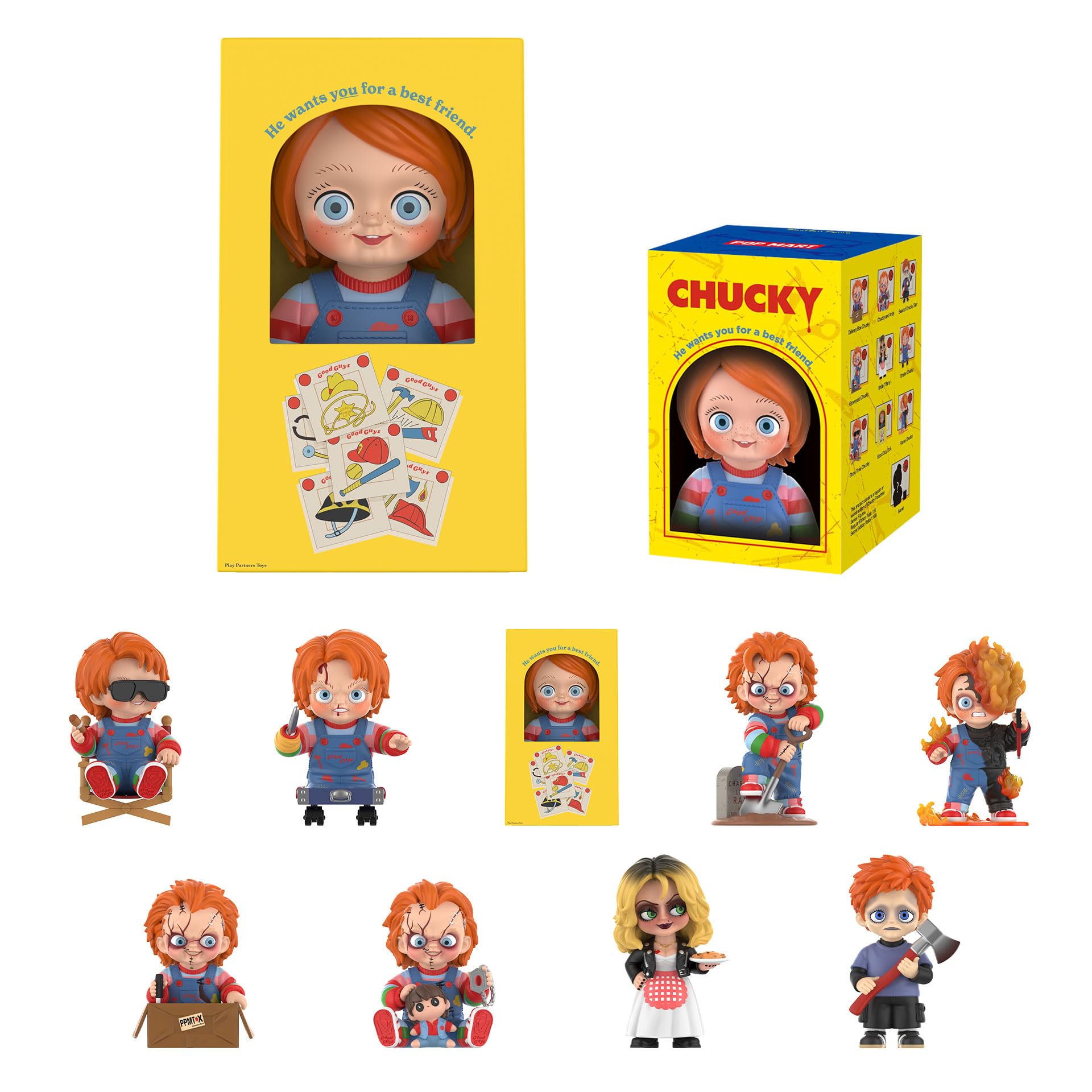 POP MART Chucky blind box front view, ideal for shelf display.