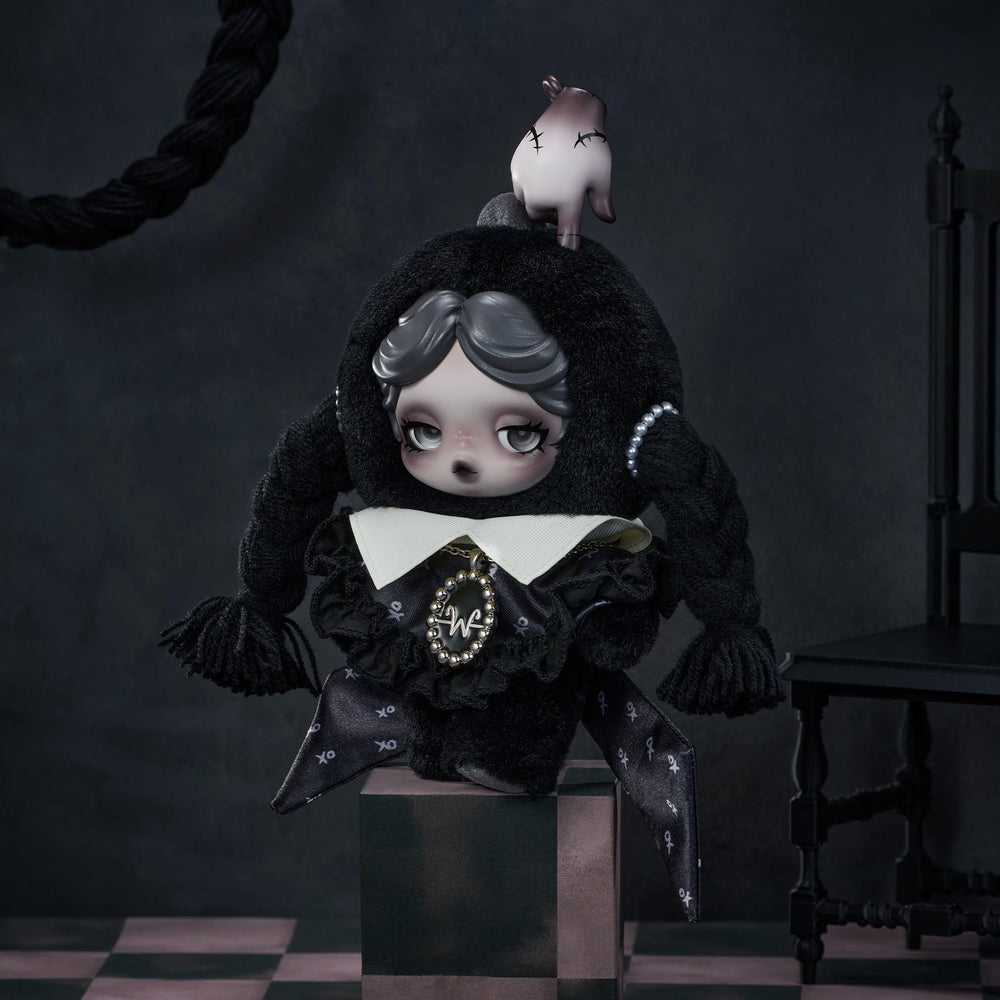 POP MART Skullpanda × Wednesday plush posed to showcase outfit and charm.