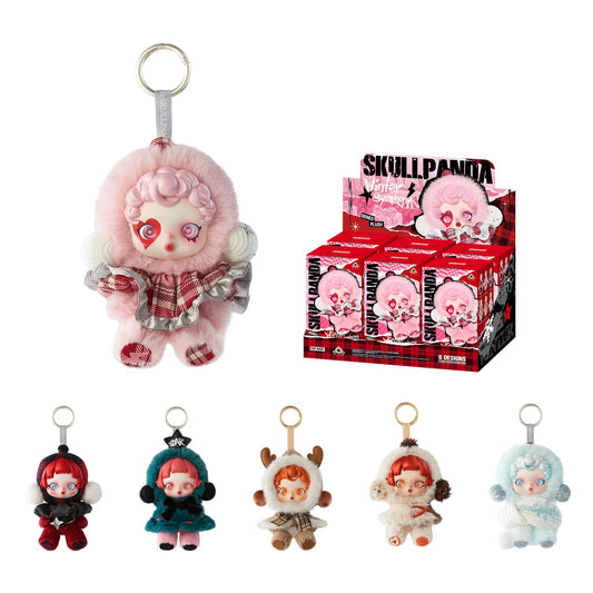 POP MART Skullpanda Winter Symphony plush figure on display, ideal shelf decor.