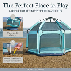 POP 'N GO PLAYPEN anchors with loops to keep the mat secure outdoors.