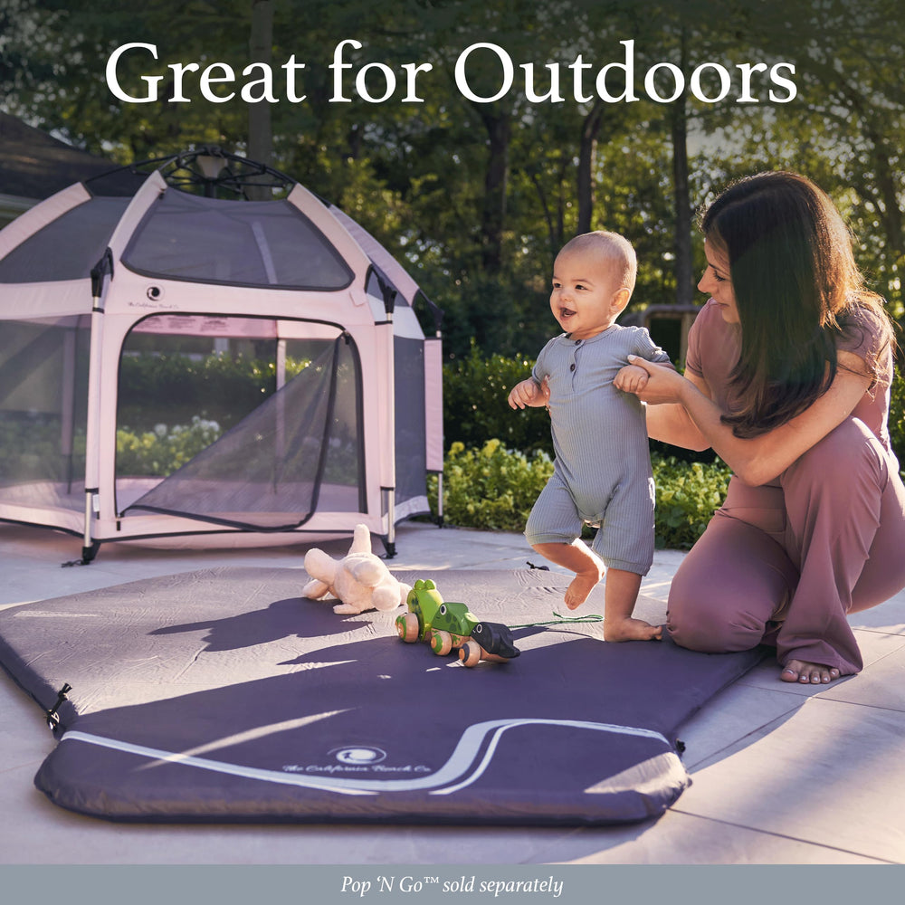 POP 'N GO PLAYPEN durable materials resist sand, dirt, and water.