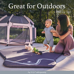 POP 'N GO PLAYPEN durable materials resist sand, dirt, and water.