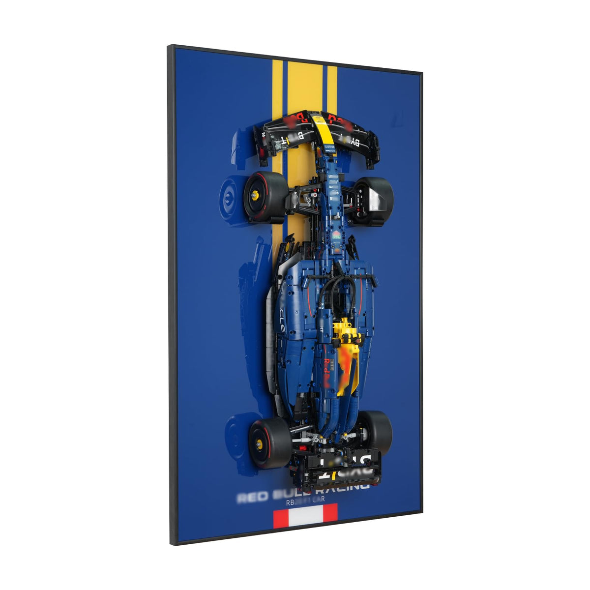 Popbricks display wall frame showcasing the 42206 race car on a wall.