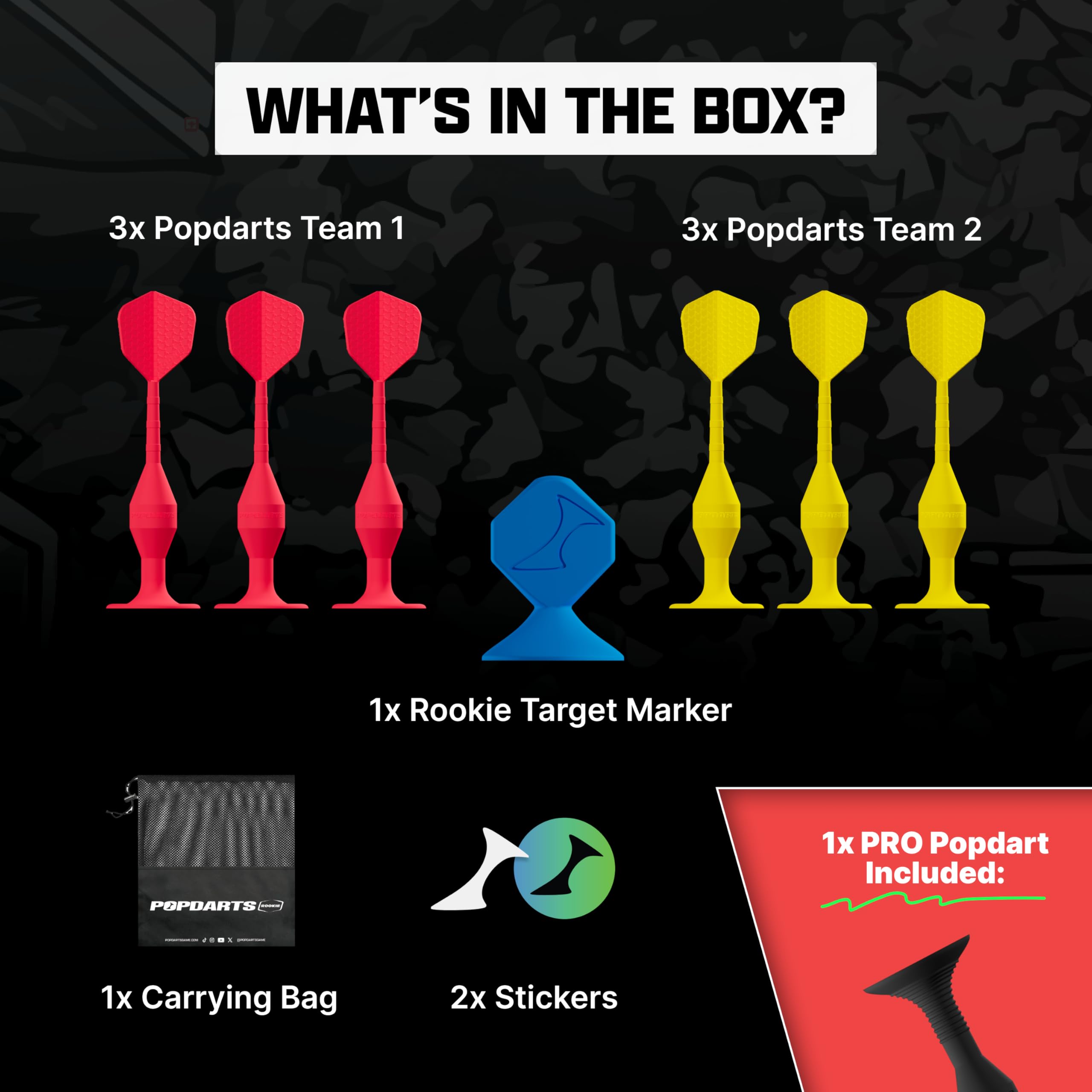 Popdarts carry bag unzipped with darts, stickers and printed rules for portability