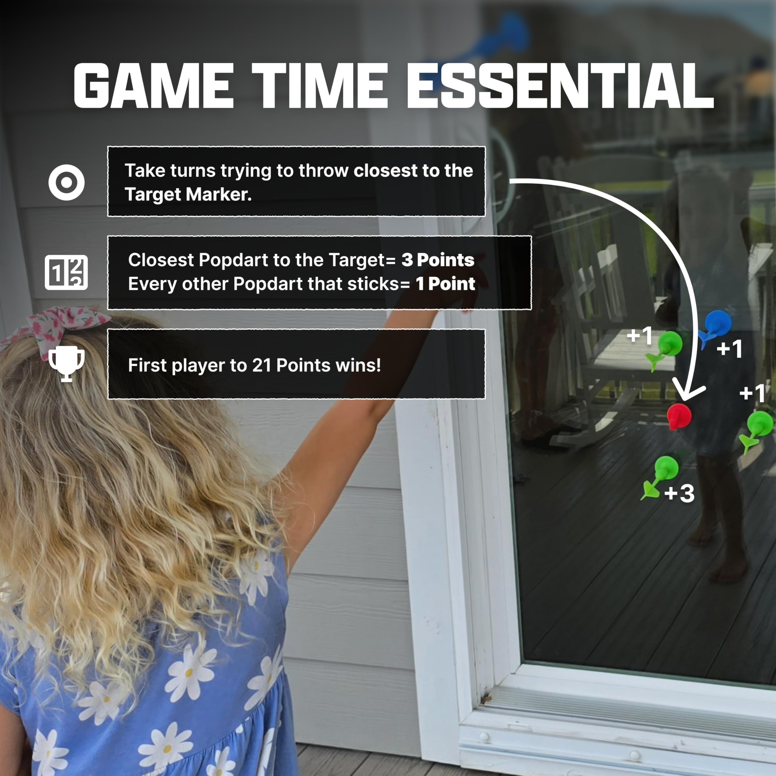 Popdarts target marker adhered to glass demonstrating precise aiming benefit