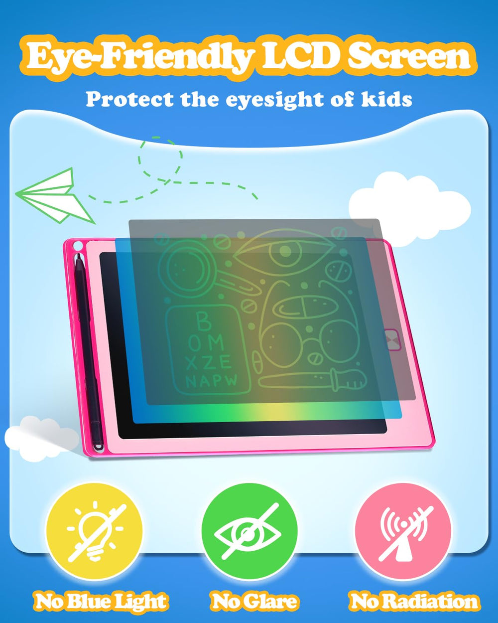 POPERFUN LCD drawing tablet with eye-friendly design and no blue light for kids.