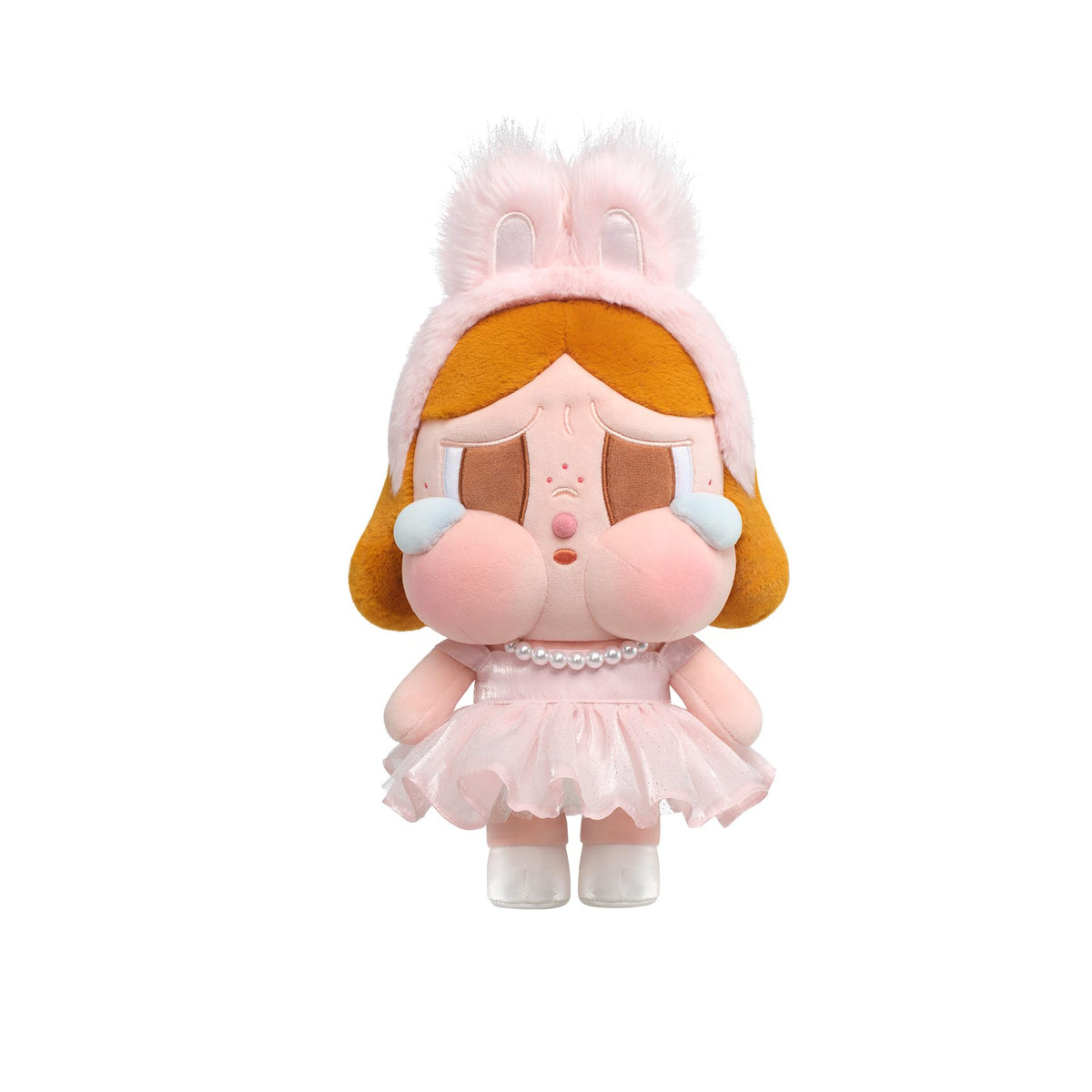POP MART Crybaby plush doll pink on desk decor, ideal for display