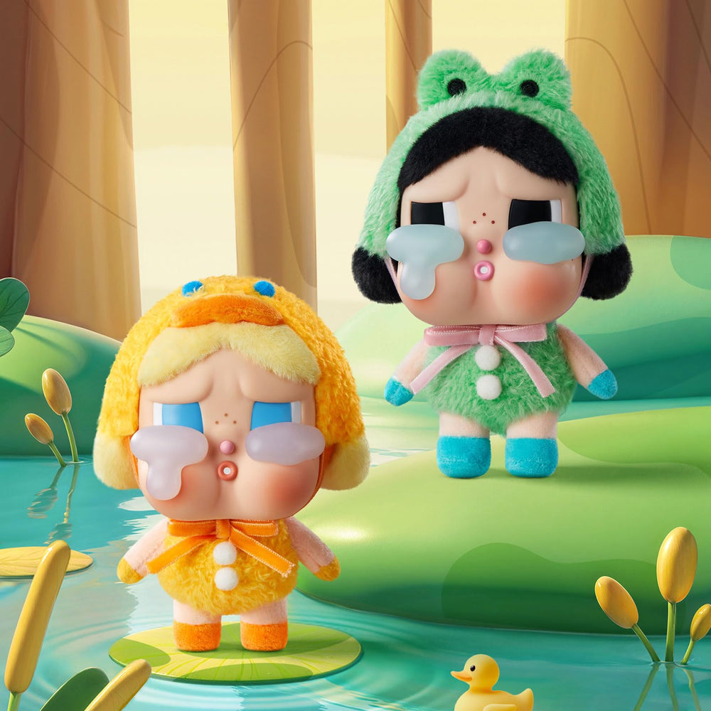 POP MART Crybaby Tears vinyl face plush close-up showing tactile texture.
