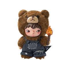 POP MART Hirono Living front view plush doll enhances cheerful desk decor.