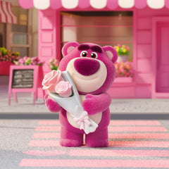 POPMART Lotso figure in dynamic pose adds character to shelves.