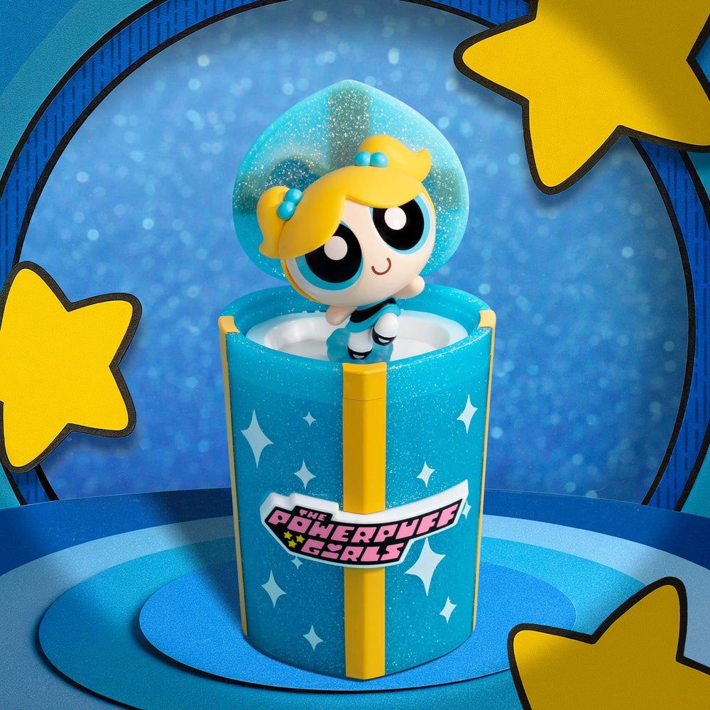 POP MART Powerpuff Girls figure, surprise design enhances shelf display.