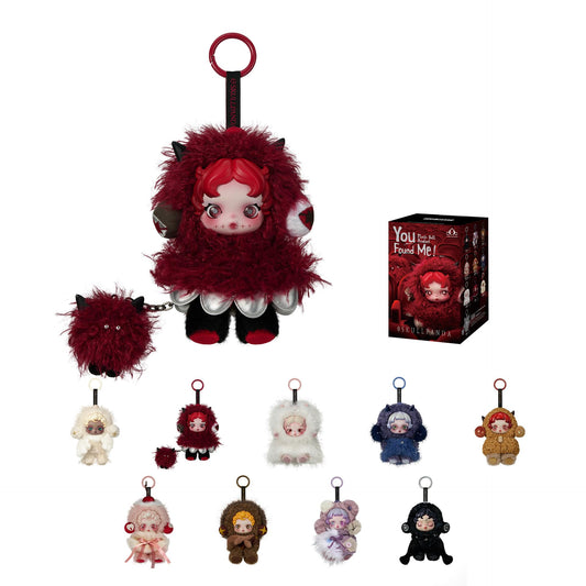 POP MART Skullpanda You Found Me figure pendant displayed as playful desk decor.