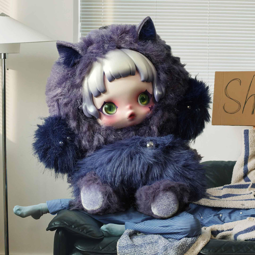 POP MART Skullpanda You Found Me figure close-up reveals vibrant textures and plush feel.